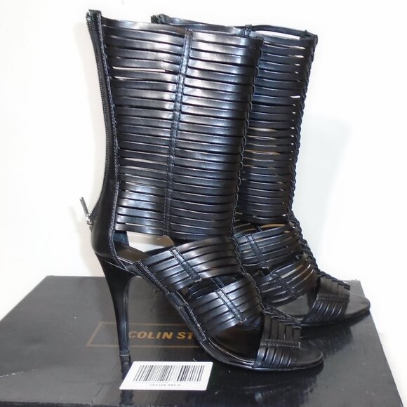 Colin Stuart Calf High Boots Stiletto Heel Pumps Skin Baring Peep Toe Black - Picture 3 of 14